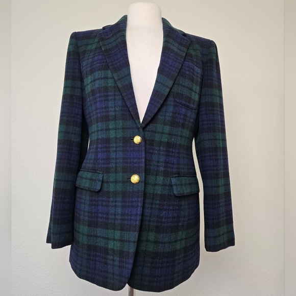Vintage Ralph Lauren Tartan Plaid Wool Cashmere Check Blazer Green Navy Size 8P - Picture 4 of 15